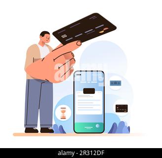 man holding credit card for shopping online guy adding payment details information in mobile app on smartphone screen Stock Vector