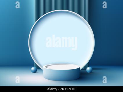 3D realistic modern style empty white podium stand with blue curtain and circle backdrop on blue background. You can use for cosmetic mockup product d Stock Vector