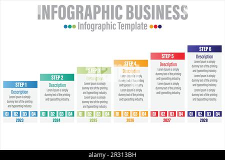 Business timeline with step rectangle infographics. Corporate milestones graphic elements. Company presentation slide template with year periods. Mode Stock Vector
