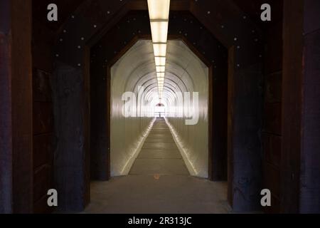 A narrow, pedestrian tunnel that is painted white and illuminated by fluorescent light fixtures sits empty. Stock Photo