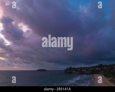 aerial view scene romantic sunset at Kata Noi beach Phuket.  abstract colorful clouds Sky texture in nature background. Sunset with bright colorful li Stock Photo