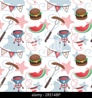 4th of July, Independence Day of the United States of America celebration themed seamless vector background, made of grill bbq related illustrations. Stock Vector