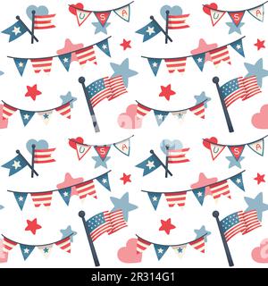 4th of July, Independence Day of the United States of America celebration themed seamless vector background, made of flags and banner illustrations. Stock Vector