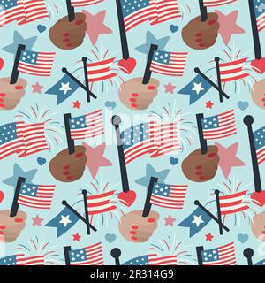 4th of July, Independence Day of the United States of America celebration themed seamless vector background, made of hands holding flags illustrations Stock Vector