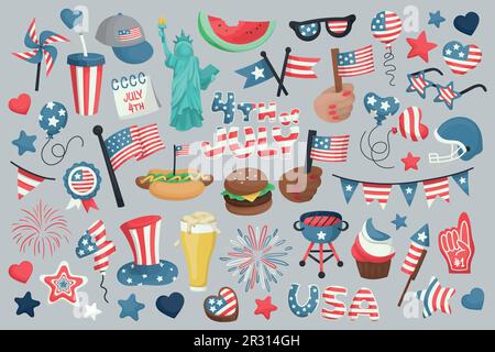 4th of July, Independence Day of the United States of America celebration themed illustrations, collection of hand drawn vector elements and objects. Stock Vector