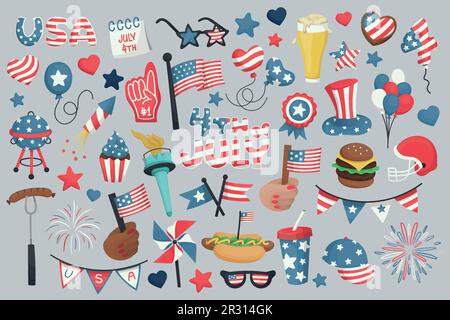 4th of July, Independence Day of the United States of America celebration themed illustrations, collection of hand drawn vector elements and objects. Stock Vector