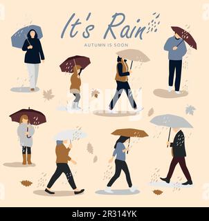 Vector illustration of people in the rain. Autumn mood. Trendy retro style on beige fall illustration with character. Stock Vector