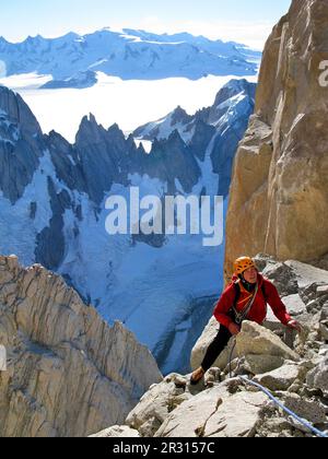 A climber climbs on the northwest ridge of Cerro Fitz Roy, in Argentine Patagonia Stock Photo