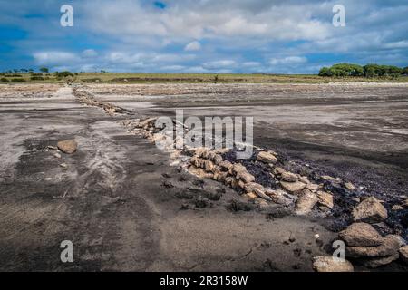 The remains of an old Cornish Hedge wall exposed by falling water levels caused by severe drought conditions at Colliford Lake Reservoir on Bodmin Moo Stock Photo