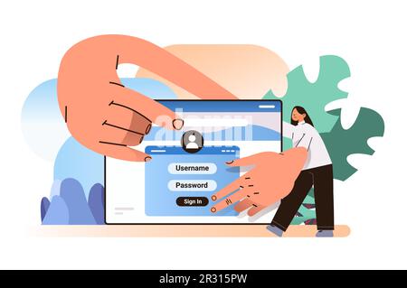 woman login to social media app mobile or computer application users entering username and password create an account Stock Vector