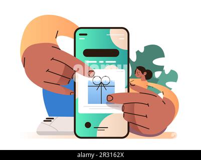 woman access customer loyalty marketing programs and rewards on smartphone screen in mobile app on smartphone screen Stock Vector