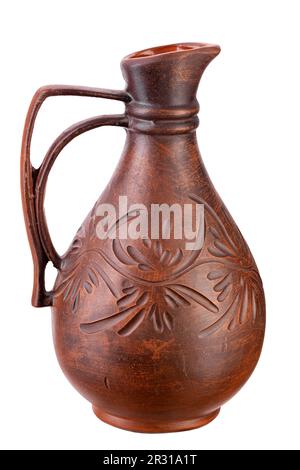 Clay jug with a narrow neck liquid for water or wine, isolated on white background. Full depth of field. File contains clipping path. Stock Photo