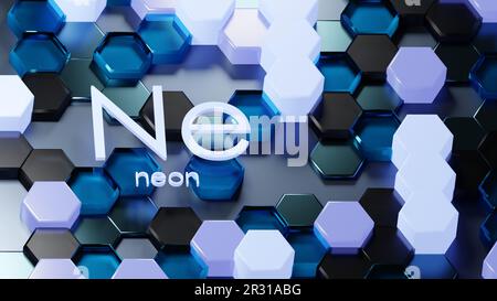 3D rendering of hexagonal glass crystal lattice of Neon gas chemical element. Industrial honeycomb material production background. Realistic blue grey Stock Photo