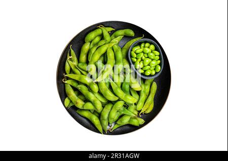 Japanese Raw Edamame Beans, fresh soy beans ready for cooking. Isolated on white background Stock Photo