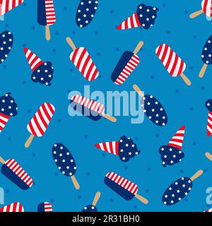 Cute vector seamless pattern with ice cream and stars. Patriotic background for 4th of July in USA, decor, textiles, tape, ribbon, banners, wrapping, Stock Vector