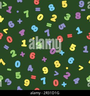 Seamless pattern multicolored numbers and arithmetic signs on a dark green background Stock Vector