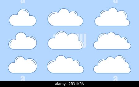 Collection of abstract cartoon white clouds in flat style isolated on blue background. Vector illustration Stock Vector