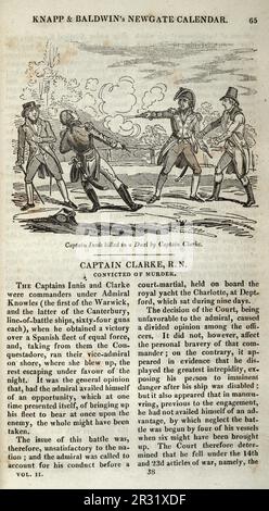 Page from the Newgate calendar, Captain Innis killed in a duel by Captain Clarke, 18th Century pistol duelling, History of Crime, Vintage illustration Stock Photo