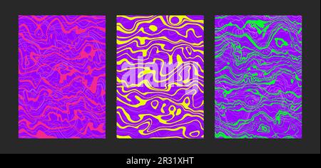 Psychedelic wavy posters set. Trippy groovy abstract backgrounds on bright neon colors. Fluid marble stone texture. Cool funky patterns. Modern Stock Vector