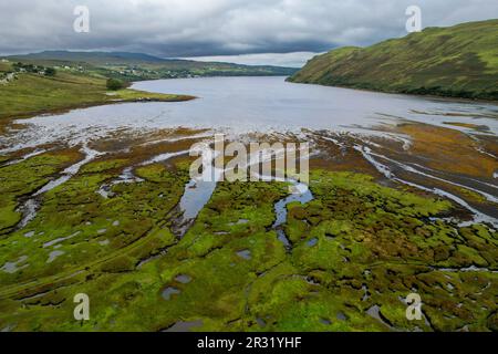 Isle of Skye: Carbost, Loch Harport, Talisker, Satran, Drynoch view, Scotland, Great Britain by drone, aerial view, scenic landscape. Càrrabost, Mingi Stock Photo