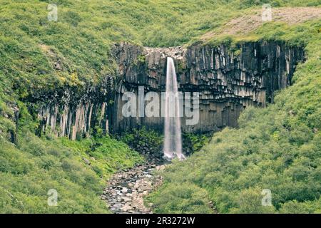 Scenic Svartifoss waterfall view from the trail in summer, Iceland Stock Photo