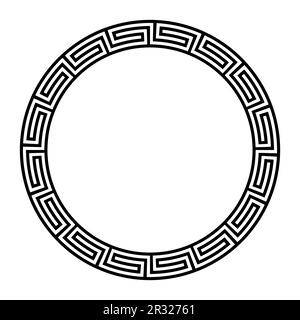 Greek fret ornament, circle frame with seamless meander pattern. A decorative circular border, constructed from continuous lines. Stock Photo