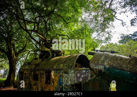 Ruins of a old helicopter under the canopy of a green tree Stock Photo
