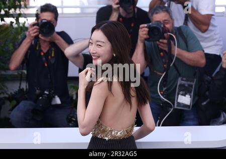 Cannes, France. 22nd May, 2023. Chinese actress Zhou Dongyu poses during a photocall for the film 'Ran Dong' (The Breaking Ice) at the 76th edition of the Cannes Film Festival in Cannes, southern France, on May 22, 2023. Credit: Li Bohan/Xinhua/Alamy Live News Stock Photo