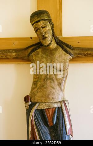 Cristo crucificado, siglo XIII,original de Montona, museo de la basílica de Santa Eufrasia, Porec, - Parenzo-, peninsula de Istria, Croacia, europa. Stock Photo