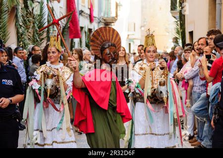 dance of the Aguilas and Sant Joan Pelos, medieval dance originating from Catalonia and the Valencian country, procession of the Corpus, Pollença. Mallorca. Balearic Islands. Spain. Stock Photo
