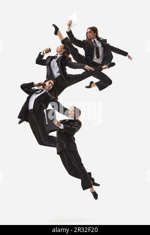 Happy office worker doing office work and dancing in classic clothes isolated on white. Ballet dancers. Business, office routine, career, startup Stock Photo