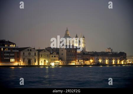 Night view of Chiesa della Salute and Punta della Dogana, from Giudecca Island, Venice, Veneto, Italy, Europe Stock Photo