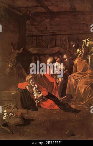 CARAVAGGIO (b. 1573, Caravaggio, d. 1610, Porto Ercole)  Adoration of the Shepherds 1609 Oil on canvas, 314 x 211 cm Museo Nazionale, Messina  While i Stock Photo