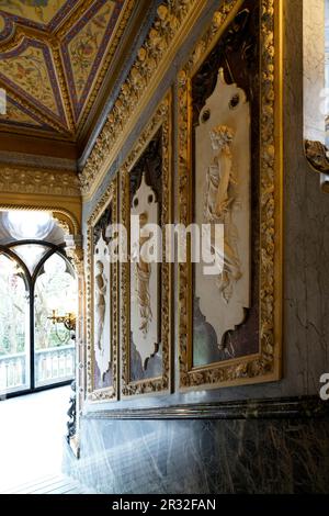Bas-reliefs and classical decorations on the main staircase, Palazzo Cavalli-Franchetti palace, 1565, sestiere San Marco district, Canal Grande, Gothi Stock Photo
