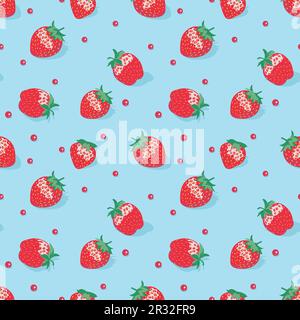 Seamless strawberry pattern on a blue background. Vector illustration. Stock Vector