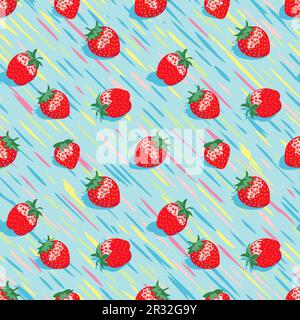 Seamless strawberry pattern on a blue background with iridescent stripes.Vector illustration. Stock Vector