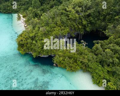 The mouth of a dark, water-filled cave opens on the edge of a forest-covered limestone island near Fak Fak, Indonesia. Limestone often harbors caves. Stock Photo