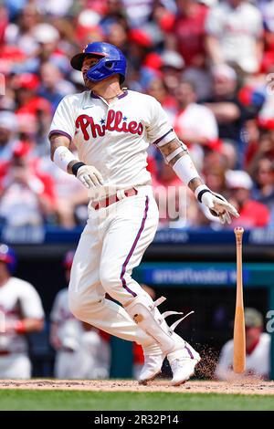 PHILADELPHIA, PA - MAY 21: Nick Castellanos #8 of the Philadelphia Phillies  reacts toward his bench after he hits a double during the game against the  Chicago Cubs at Citizens Bank Park