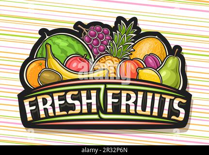 Vector logo for Fresh Fruits, black decorative signboard with illustration of group juicy assorted fruits, dark sign with unique brush lettering for w Stock Vector