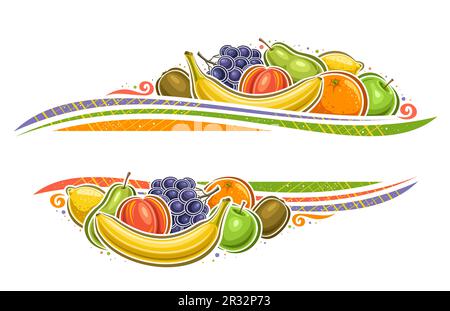 Vector border for Fruits with empty copy space for ad text, decorative layout with illustration of whole sweet banana, ripe kiwi fruit, green juicy ap Stock Vector