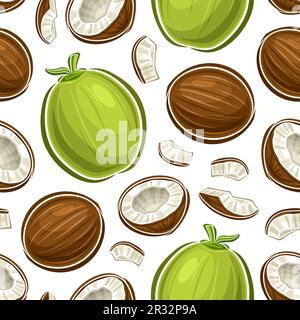 Vector Coconut Seamless Pattern, decorative repeating background with cut out illustration of ripe whole and cracked coconuts for wrapping paper, grou Stock Vector