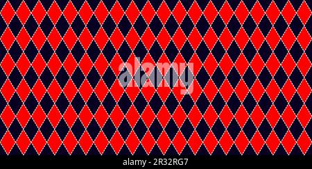 Harlequin seamless pattern in red, and dark blue with white dashed stroke. Argyle classic design. Diamond or lozenge simple background. Joker geometri Stock Vector