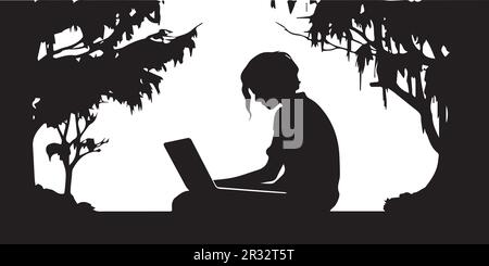 A silhouette of a girl sitting in front of a Laptop vector. Stock Vector