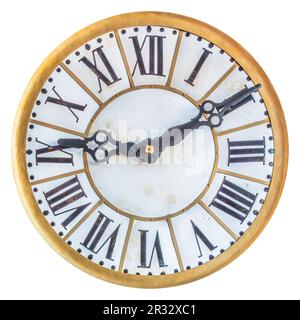 Old clock face with roman numbers isolated on a white background Stock Photo