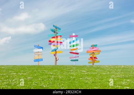 Colorful wooden direction arrow signs on wooden poles on a green meadow with blooming flowers and blue sky Stock Photo