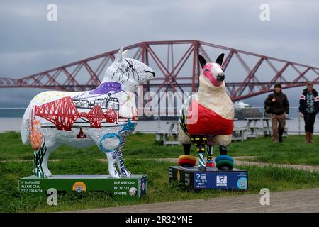 South Queensferry, Scotland, UK. 22nd May 2023.  Flock to the Show Sheep Trail is a public art trail, the sheep trail celebrates the return of the Golden Shears World Sheep Shearing & Woolhandling Championships to the Royal Highland Show on the 22nd-25th June with 38 colourful sheep sculptures located across Edinburgh and the Lothians. The only time they can be seen together will be when they are assembled at the Royal Highland Centre for the Golden Shears competition in June, decorated by artists from across the UK. Forth bridge as a backdrop. Credit: Craig Brown/Alamy Live News Stock Photo