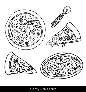 pizza set, slice and round pizza with round cutter doodle hand drawn in cartoon style, comic isolated on white background. . Vector illustration Stock Vector