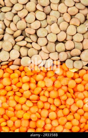 Green and red lentils heap Stock Photo