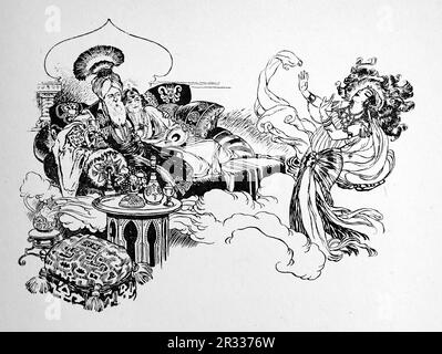 By Rene Bull. Line drawing of a lady with flowing hair watched by the Sultan and another lady. From The Rubaiyat of Omar Khayyam. Stock Photo