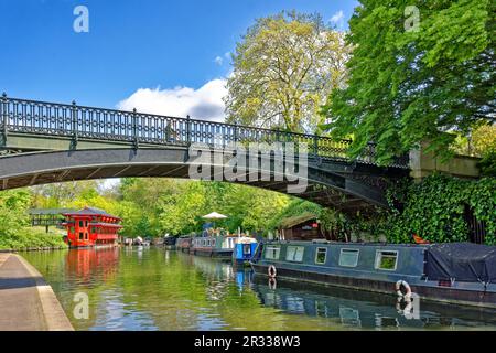 London Regents Canal Springtime the canal near London Zoo Feng Shang Princess and canal boats under the bridge Stock Photo